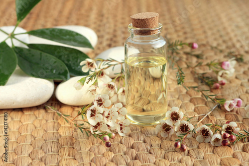 Fotografie, Obraz Bottle of essential aroma oil with flowers and stones on straw mat