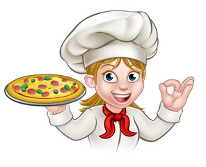 Canvas Print - Cartoon Chef Woman and Pizza