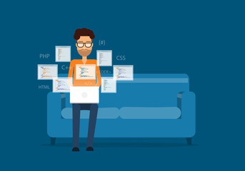 Poster - flat vector people programing develop web site and create application concept and businessman working on sofa
