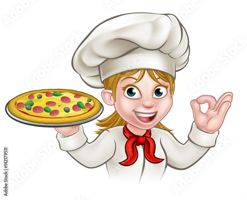 Cartoon Chef Woman and Pizza
