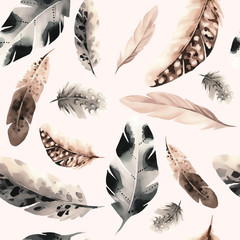 Seamless pattern of feathers in watercolor style