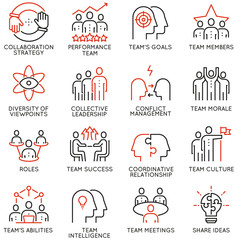 vector set of 16 linear quality icons related to team work, career progress and business process. mo