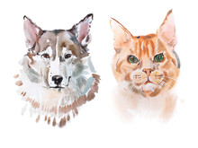 Watercolor Painting, Red-headed Cat And Dog Aquarelle Drawing.