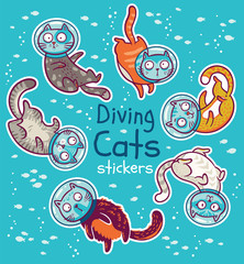 Poster - Vector badge with diving cats in ocean. Stickers kit