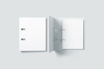 Poster - Blank white ring binder folder design mockup top view, 3d rendering. Self-binder mock up with stack of a4 paper. Office supply cardboard folder branding presentation. Desk lever arch file cover.