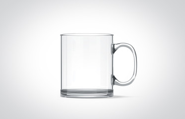 Wall Mural - Blank transparent glass mug mockup isolated, 3d rendering. Clear translucent coffee cup mock up for sublimation printing. Empty gift crystal pint branding template. Glassy restaurant tankard design.