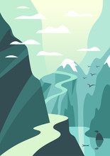 Mountain And Lake Landscape Illustration. Vector Travel Poster In Art Deco Style.