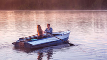 Romantic Golden Sunset River Lake Fog Loving Couple Small Rowing Boat Date Beautiful Lovers Ride During Happy Woman Man Together Relaxing Water Nature Around