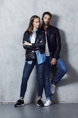 Wall Mural - Gorgeous couple in leather jacket and jeans, portrait