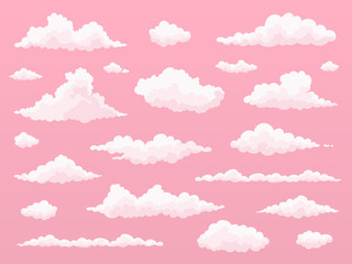 cartoon cloud set. pink clouds. pink sunset, dawn cloud sky. flat vector illustration.