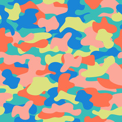 Camouflage seamless pattern in a blue, green, pink and yellow colors.