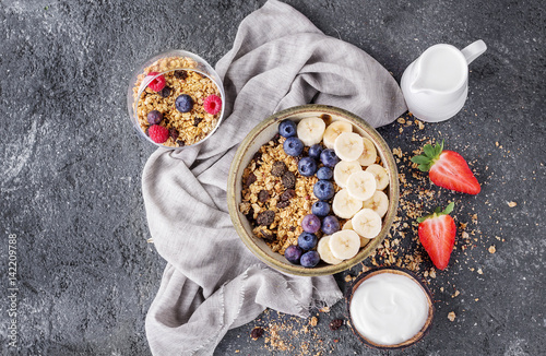 Fotografie, Obraz Granola berry brunch with yogurt and milk