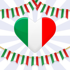 Wall Mural - Vector illustration for National Day of Italy. Bunting decoration and heart in colors of italian flag. Garlands, pennants on a rope for party, carnival, festival, celebration. Flyer, poster template