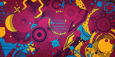 Abstract illustration. Difficult interesting background. Nice wallpaper, banner, cover. Geometrical illustration with many elements. Editable content.