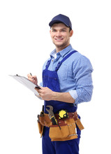 Plumber In Uniform Holding Clipboard On White Background