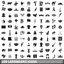100 Landmarks Icons Set, Simple Style 