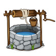Brick well with blue water and wooden bucket
