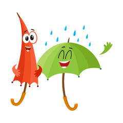 Wall Mural - Two funny umbrella characters with human faces, open and closed, under rain, cartoon vector illustration isolated on white background. Couple of funny umbrella, parasol characters, happy with rain