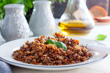 Lentil with vegetables, selective focus