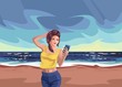Girl on beach rest sea, Smartphone vector