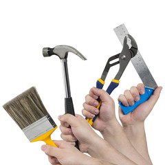 Square Image of Hands Holding Various Construction Tools