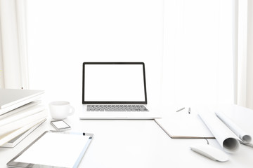Poster - Front view of workpark with blank white computer screen, coffee cup, and book in home work. Mock up , 3D render