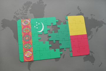 puzzle with the national flag of turkmenistan and benin on a world map