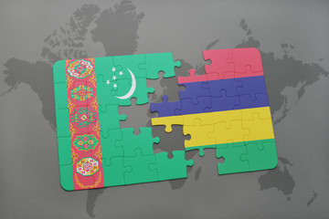 puzzle with the national flag of turkmenistan and mauritius on a world map