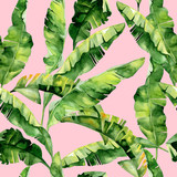 Fototapeta Sypialnia - Seamless watercolor illustration of tropical leaves, dense jungle. Pattern with tropic summertime motif may be used as background texture, wrapping paper, textile,wallpaper design. Banana palm leaves 