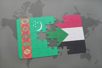 puzzle with the national flag of turkmenistan and sudan on a world map
