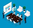 © elizaliv - Trend Isometric people communicating concept rear view, large office room, meeting, discussion, brainstorming, business, and business ladies in suits isolated on a light background. Vector