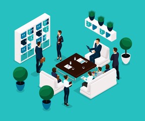 Poster - trend isometric people, a room discussion rear view, business concept, discussion, brainstorming, bu
