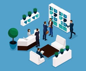 Wall Mural - Trend isometric people, the reception room is a front view, business concept, meeting, handshake, brainstorming, businessmen in suits insulated. Vector illustration