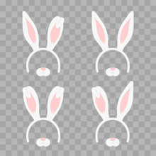 Set Of Easter Mask With Rabbit Ears Isolated On Transparent Checkered, Illustration. Cartoon Cute Headband With Ears Holiday Set. Flat Design Style.