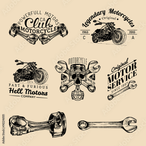 Dekoracja na wymiar  wektor-znaki-klubu-rowerzystow-zestaw-logo-naprawy-motocykli-retro-recznie-naszkicowane-etykiety-garazowe-zwyczaj