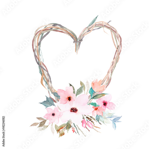 Watercolor frame in the form of heart with flowers