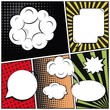 © happyvector071 - Abstract creative concept vector comic pop art style blank, layout template with clouds beams and isolated dots background. For sale banner, empty speech bubble set, illustration halftone book design.