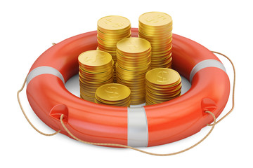 Poster - lifebuoy with golden dollar coins, 3d rendering
