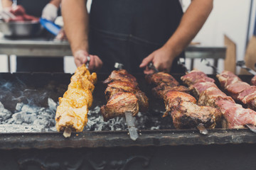 Wall Mural - Beef and pork kebab. Fresh meat at grill, bbq