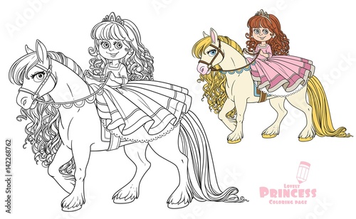 Cute Little Princess Riding On A White Horse Color And Outlined Picture For Coloring Book