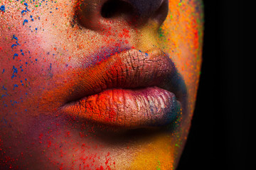 Wall Mural - Lips of model with colorful art make-up, holi colors