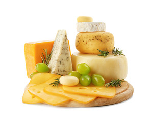 Sticker - Wooden board with tasty cheese on white background