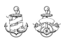 Two Vector Illustrations Of Nautical Anchors With Ribbon In The Engraving Style. Print For T-shirts