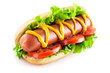 Hotdog with big sausage and fresh tomato isolated on white background