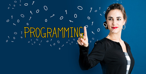 programming text with business woman