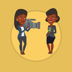 Sticker - TV reporter and operator vector illustration.