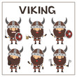 Set vikings in helmet with horns in cartoon style. Collection isolated vikings in different poses on white background.