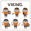 Set vikings in cartoon style. Collection isolated viking in different poses on white background.