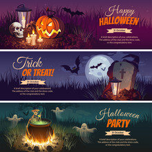 Halloween Banners With The Characters On The Background. Night Autumn Landscape