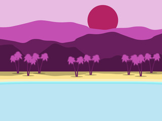  Tropical landscape. Coast with palm trees and mountains in the background. Vector illustration